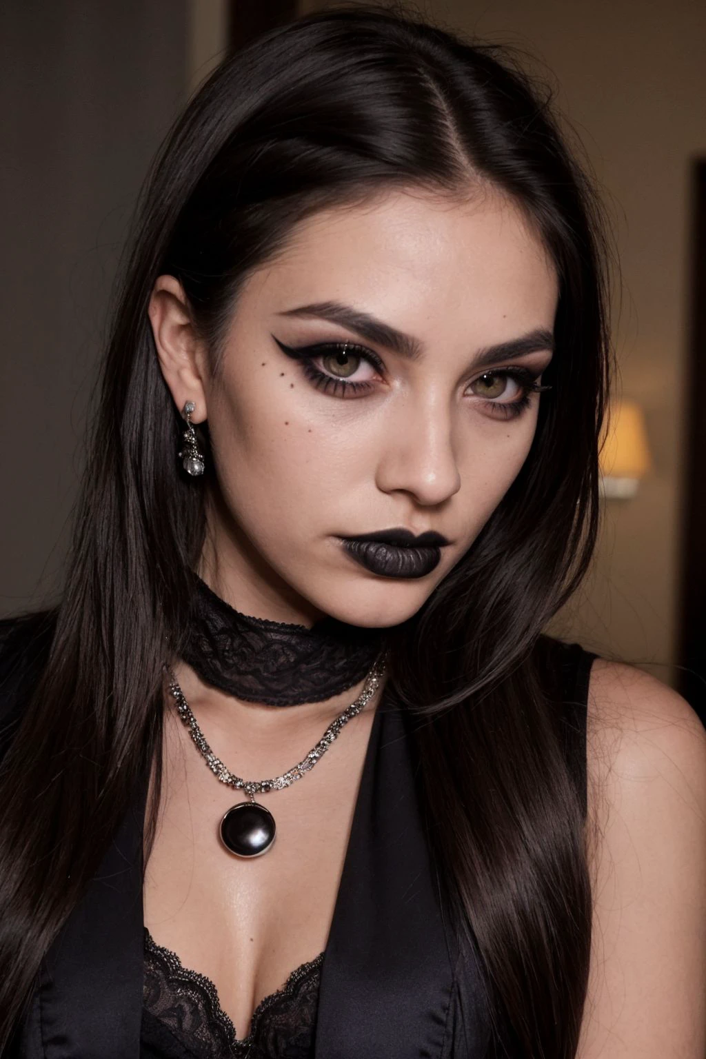 raw photo, face close up, glamour photography of a random stylish goth girl, edgy vibe, dark, mascara, eyeliner, dark cheeks, Unique facial piercings with ornate jewelry, Round eyes, Dimples, Smoky eye makeup, Defined jawline, skin pores, shiny skin, grainy, harsh flash lighting, sepia tone, realistic skin texture, highly detailed photography, vibrant, insanely detailed, hyperdetailed, 75mm, dslr