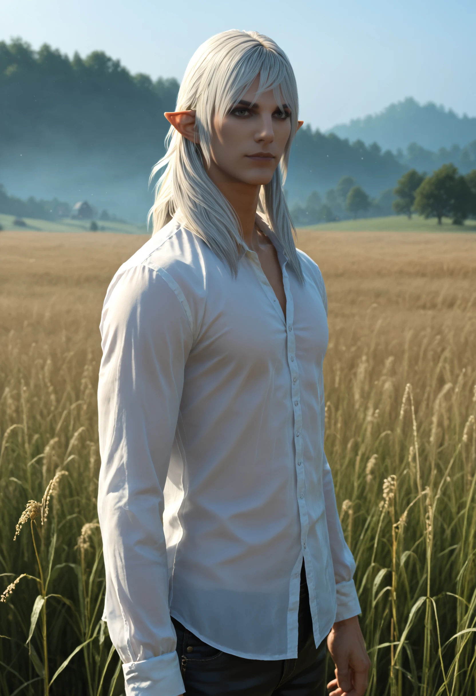 score_9, score_8_up, score_7_up,solo, <lora:Estinien_FFXIV:1>,30 year old, 1boy, estinienffxiv, white hair, pointy ears, elezen, long hair, dark-skinned, shirtless, working on his farm, in the field, nighttime,  fireflies, naked transparent shirt, tight shirt,  on farm, in weed field, moonlight, midnight, moonshine, chiaroscuro, volumetric lighting, hyper resolution, crystal clear textures, perfect shadows, perfect lighting, best reflections, misty, foggy,  Expressiveh ,  diagonal view, ((up close, zoomed in)), black eye makeup