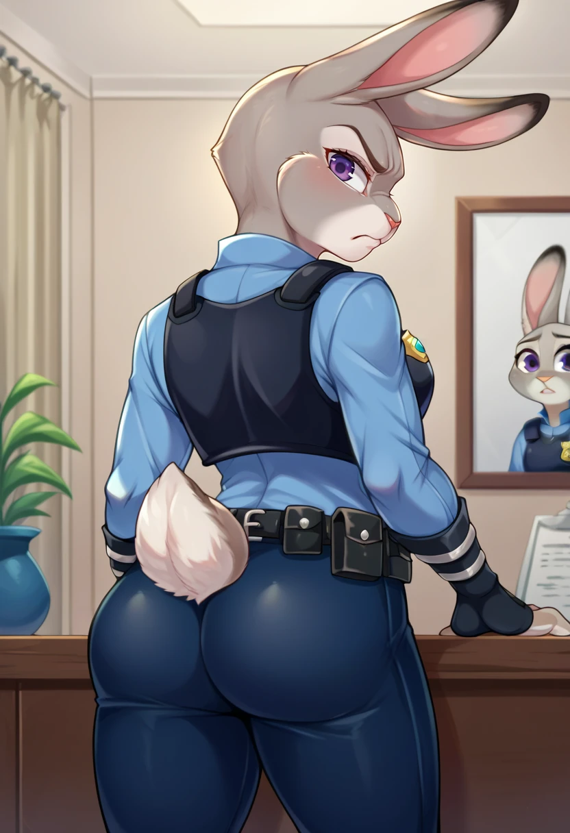 score_9_presence, score_8_up, Judy hopps, zootopia, HD, high res, solo portrait, feet visible, furry; anthro, masterpiece, movie accurate, detailed fur, anthro; slim figure, black nose, cute purple eyes, long eyelashes, fluffy tail, big bunny ears, sharp black nails, curvy hips, big butt, pink puss, beautiful legs, beautiful feet, blushing, cute excited grin, no shirt, no panties, pants down, detailed butt hole, pink butt hole, squatting, back shot, background; dark alley, Judy hopps in police attire pulling pants down, pink panties showing, spreading butt cheeks with one hand showing detailed butt hole, super detailed pink pussy, Judy hopps wearing yellow safety vest and small cute police hat. Judy Hopps with spank bruises in butt cheeks. Top down view centered on butt hole, Judy hopps is stretching her butthole open, detailed open anus, and preparing her anus for penetration with lube, holding a red colored fox cock dildo and teasing. With her hands on her butt cheeks stretching open her anus