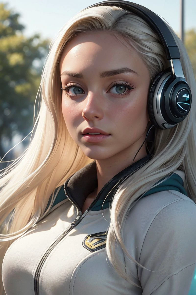 photo of S482_TaylorGallo,a stunning woman,in a (park:1.1),wearing a (tracksuit),(headphones),(4k, RAW photo, best quality, 50mm, depth of field, ultra high res:1.1),(intricate, photorealistic, cinematic-shot, masterpiece, ultra-detailed:1.1),