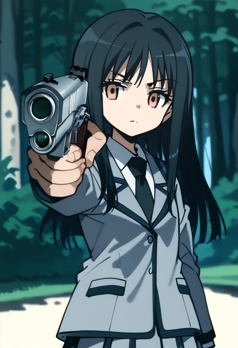 score_9,score_8_up,score_7_up,score_anime,
<lora:HandPointingAGunMeme_XLPD:1>,holding weapon,handgun,holding gun,aiming at viewer,finger on trigger,
<lora:Yukiko Kanzaki v2>,yukiko kanzaki,1girl,solo,brown eyes,black hair,long hair,
school uniform,grey jacket,white shirt,black necktie,scenery,depth_of_field,