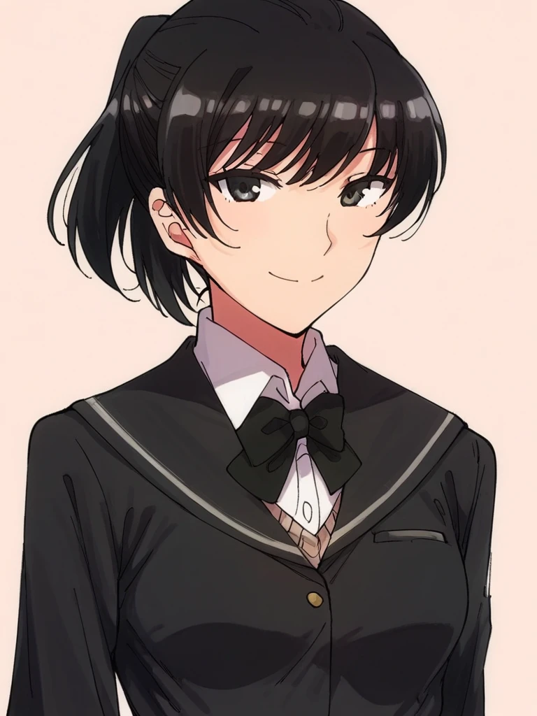 score_9, score_8_up, score_7_up, 
1girl, tsukahara hibiki, black hair, ponytail, black eyes,
medium breasts,
smile, looking at viewer,

school uniform, black bowtie, blazer, black sailor collar, [Motsuaki]