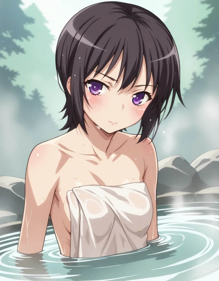 score_9, score_8_up, score_7_up, source_anime, <lora:yozora-mikazuki-s2-ponyxl-lora-nochekaiser:1>, yozora mikazuki, short hair, black hair, purple eyes,, nude, naked, outdoors, onsen, towel, naked towel, steam, bathing, nude cover, partially submerged, water, bath, steam censor, wet towel, blush, looking at viewer, solo,, cowboy shot, dutch angle