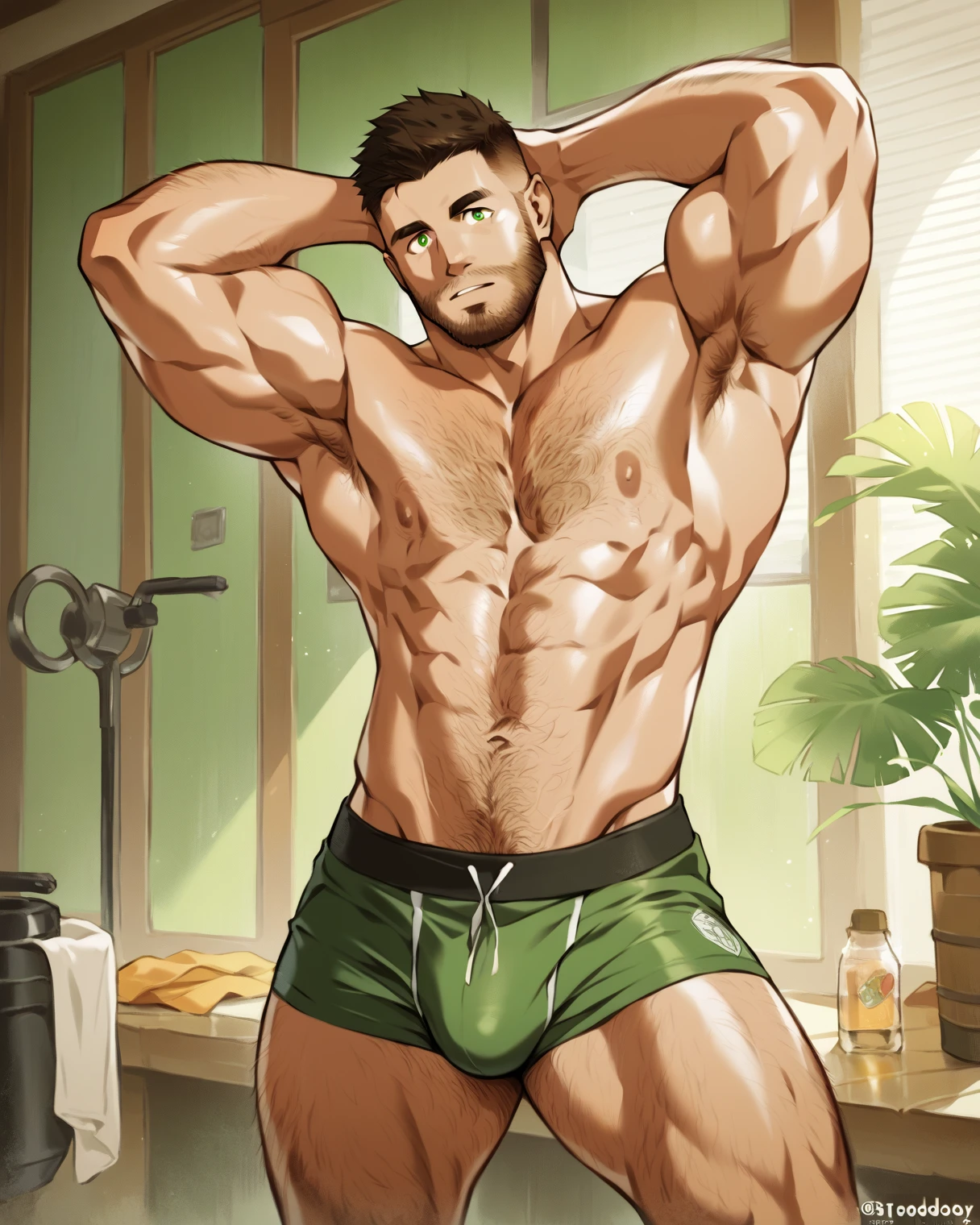 score_9, score_8_up, score_7_up, score_6_up, seamus, hands behind head, green eyes, hairy armpits, solo, short hair, brown hair, 1boy, navel, holding, underwear, nipples, male focus, thighs, muscular, facial hair, thick thighs, abs, pectorals, muscular male, towel, bara, beard, large pectorals, bulge, topless male, male underwear, undercut, chest hair, navel hair, leg hair, arm hair, boxer briefs, looking at the viewer, dizdoodz style<lora:EMS-417275-EMS:0.700000>, <lora:EMS-402186-EMS:0.700000>, <lora:EMS-431591-EMS:0.700000>