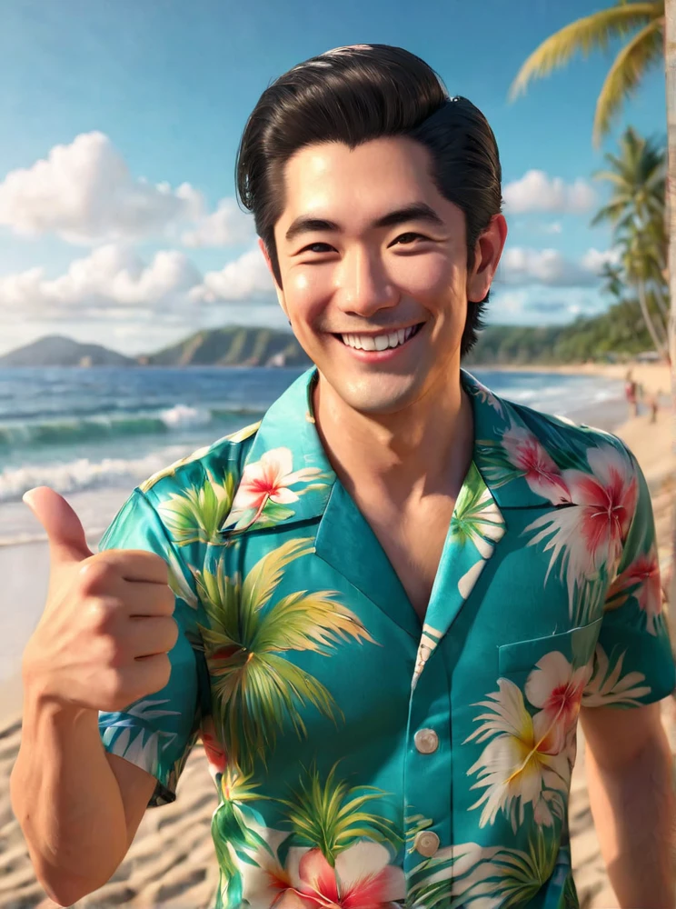 <lyco:Hajime_Ogasawara:0.9>, highly detailed professional 8k raw photography, best hyperrealistic quality backgrounds, volumetric real-time lighting and shadows, (Hajime_Ogasawara) wearing aloha shirts is smiling at you, grin, thumbs up, beach, tropical, black eyes, Black_Hair