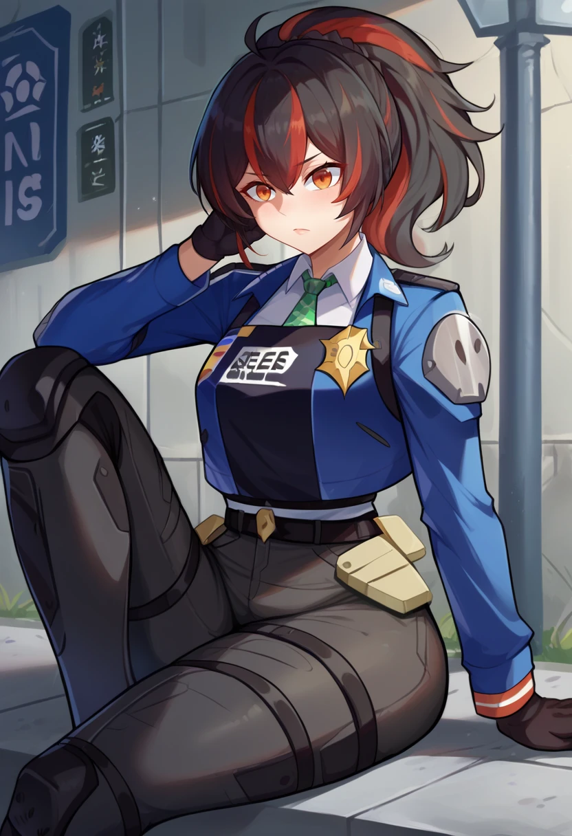 score_9,score_8_up,score_7_up BREAK <lora:zhuyuan:1>,zhuyuan,1girl,orange eyes,shirt,black hair,ponytail,red hair,necktie,black gloves,white shirt,collared shirt,belt,pants,streaked hair,black pants,blue jacket,black vest,police uniform,knee pads,long sleeves,street,street background,cowboy shot,sitting,