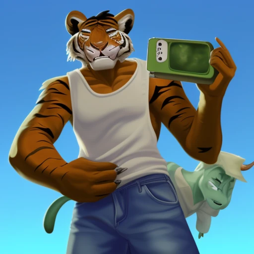 white tank top, denim, green shorts, cow ears, sleeveless, green skin, male focus, looking to the side, sharp teeth, hand in pocket, holding clothes, arms behind back, blue background, paper bag, backwards hat, blue sky, tiger stripes, mirror, furry with non-furry, whiskers, hood up, cellphone, game controller, hadanugi dousa