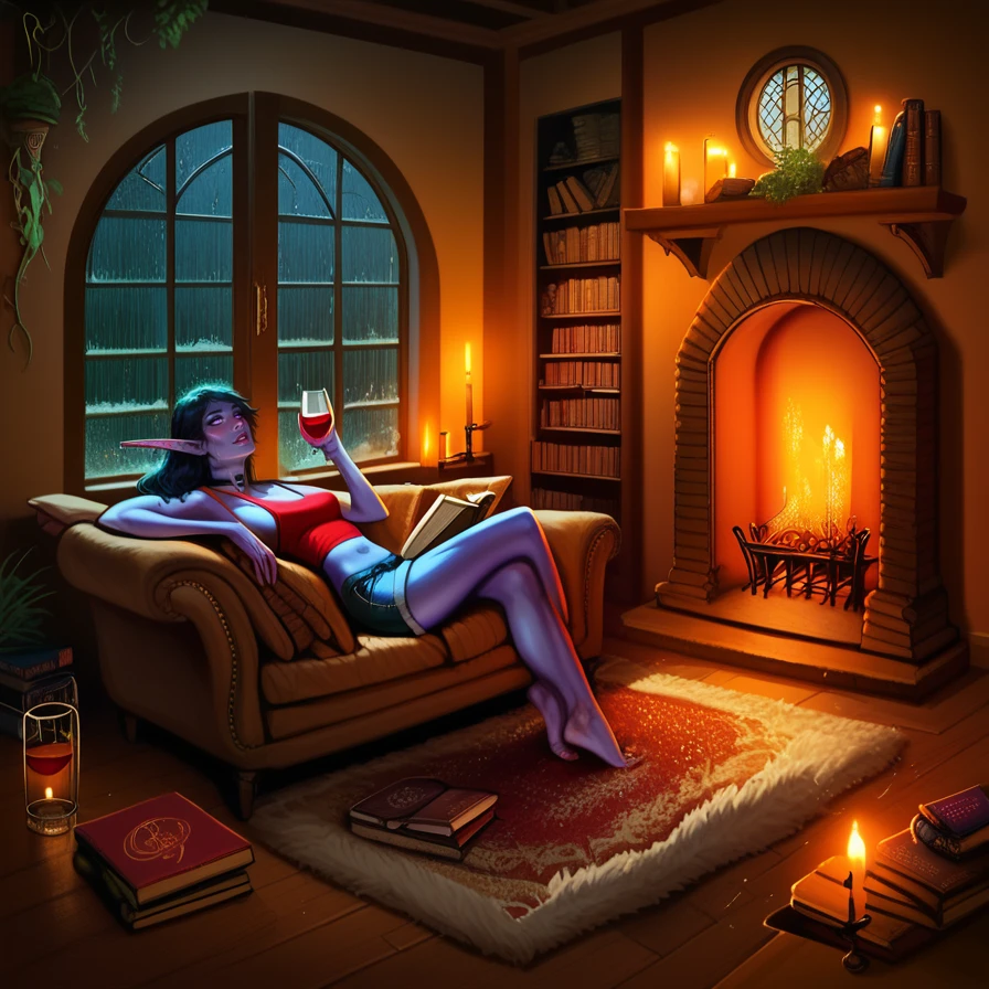 score_9, score_8_up, score_7_up,     realistic lighting, detailed background, rain, 
 <lora:Cozy_Fantasy:1>,
cozy fantasy, room interior, fireplace, round window, candles, night, bookshelves, wild plants, fur rug, wines, window center, moss, 
 <lora:Pony - Character - Zyrca:1> ,Zyrca, Blue skin, elf, purple eyes, short black hair, tank top, denim shorts, choker, laying on fur rug, relaxing,