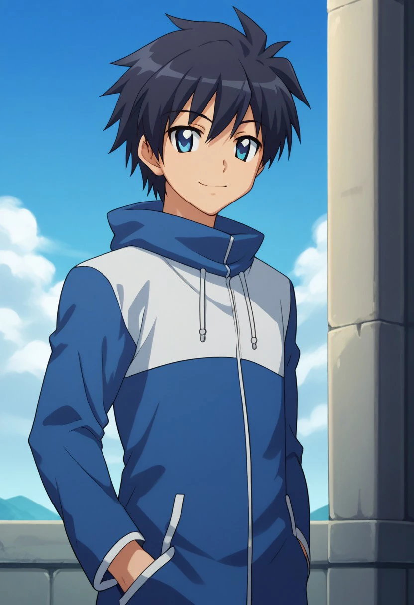 score_8_up, score_7_up, source_anime, highly detailed, 
saitohiraga, solo, 1boy, male focus, hands in pockets, black hair, jacket, pants, upper body, standing, smile, long sleeves, blue eyes,  smile
outdoor, sky,