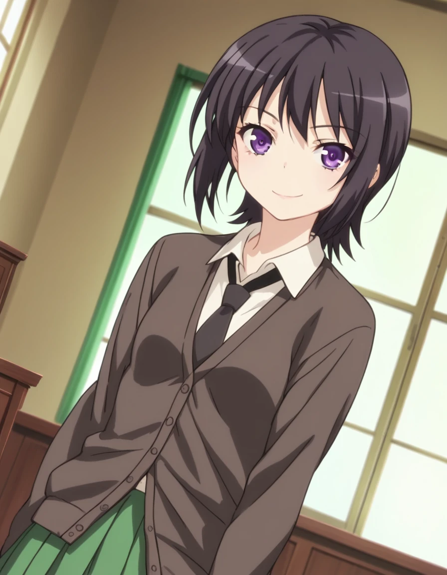 score_9, score_8_up, score_7_up, source_anime, <lora:yozora-mikazuki-s2-ponyxl-lora-nochekaiser:1>, yozora mikazuki, short hair, black hair, purple eyes,, shirt, school uniform, necktie, cardigan, black necktie, skirt, green skirt, pleated skirt,, indoors, smile, looking at viewer, solo,, cowboy shot, dutch angle