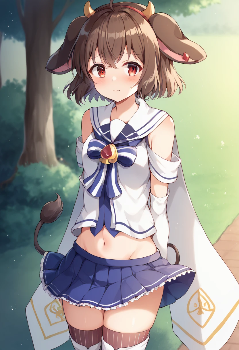 score_9,score_8_up,score_5_up,score_7_up,score_6_up,best quality,source_anime,1girl,solo,park,holmy_(show_by_rock!!),red eyes,short hair,horns,cow ears,cow tail,brown hair,hairband,<lora:holmySB69:0.8>,tsukino_clo,frilled skirt,((frills:1.1)),elbow gloves,white gloves,blue skirt,pleated skirt,vertical-striped thighhighs,sailor collar,sleeveless shirt,<lora:tsukinoSB69:0.8>,blush,embarrass,arms_behind_back,cowboy_shot,looking_at_viewer,dynamic_angle,navel,