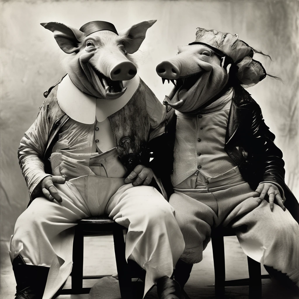 hru, two pigs sitting next to each other on a chair and laughs<lora:hogs-cnt:1> photo by Joel-Peter Witkin