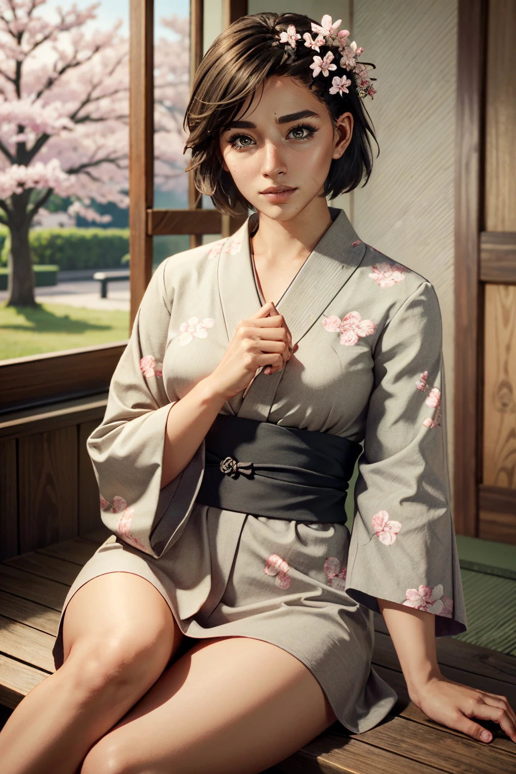 ((ultra detailed, masterpiece, absurdres))
 <lora:FC6Dany:0.8>
FC6Dany, 1girl, short hair, dark skin, looking at viewer, yukata, japan, cherry blossoms, hair ornament