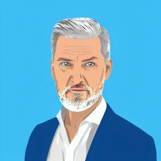 man, gray hair, beard, blue eyes, suit, white shirt, indoor, light background, serious expression, portrait, vector illustration
