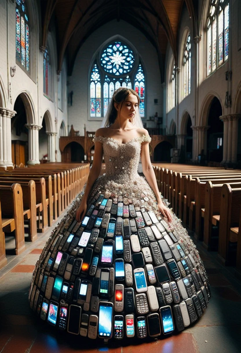 C3LLPH0N3S, a bride wearing a dress  made of cell phones,  set in a church ,Masterpiece,best quality, raw photo, realistic, very aesthetic