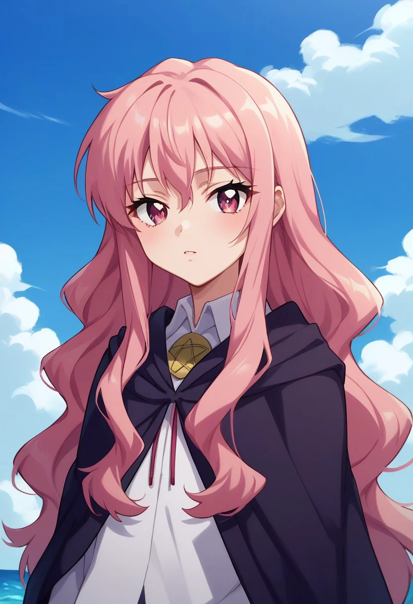 score_8_up, score_7_up, source_anime, highly detailed, 
louisezero, 1girl, solo, long hair, pentacle, cape, pink hair, pink eyes, upper body, bolo tie, shirt, white shirt
outdoor, sky,