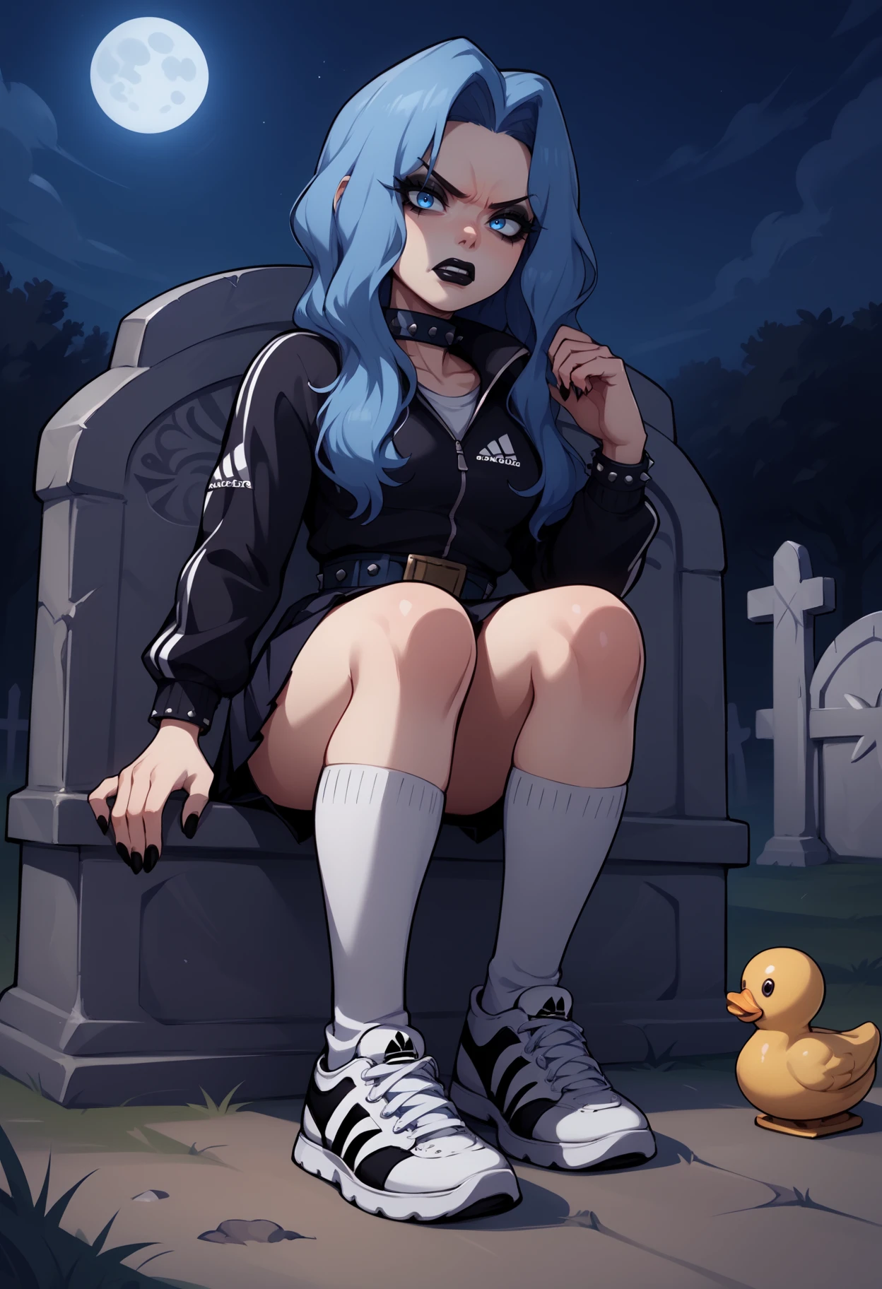 score_9, score_8_up,score_7_up, source_anime, 1girl, solo, <lora:Snq_pdxl_EliPot:1>, SQNA, long hair, blue hair, blue eyes, mature female,
 tsundere, :T, flustered, night, tombstone, graveyard, moon, moonlight, spooky, makeup, eyeliner, black lipstick, gothic, sound effects, looking at viewer, kneehighs, white legwear, sneakers, adidas, track suit, black jacket, miniskirt, black skirt, pleated skirt, studded belt, studded bracelet, studded collar, rubber duck, dutch angle