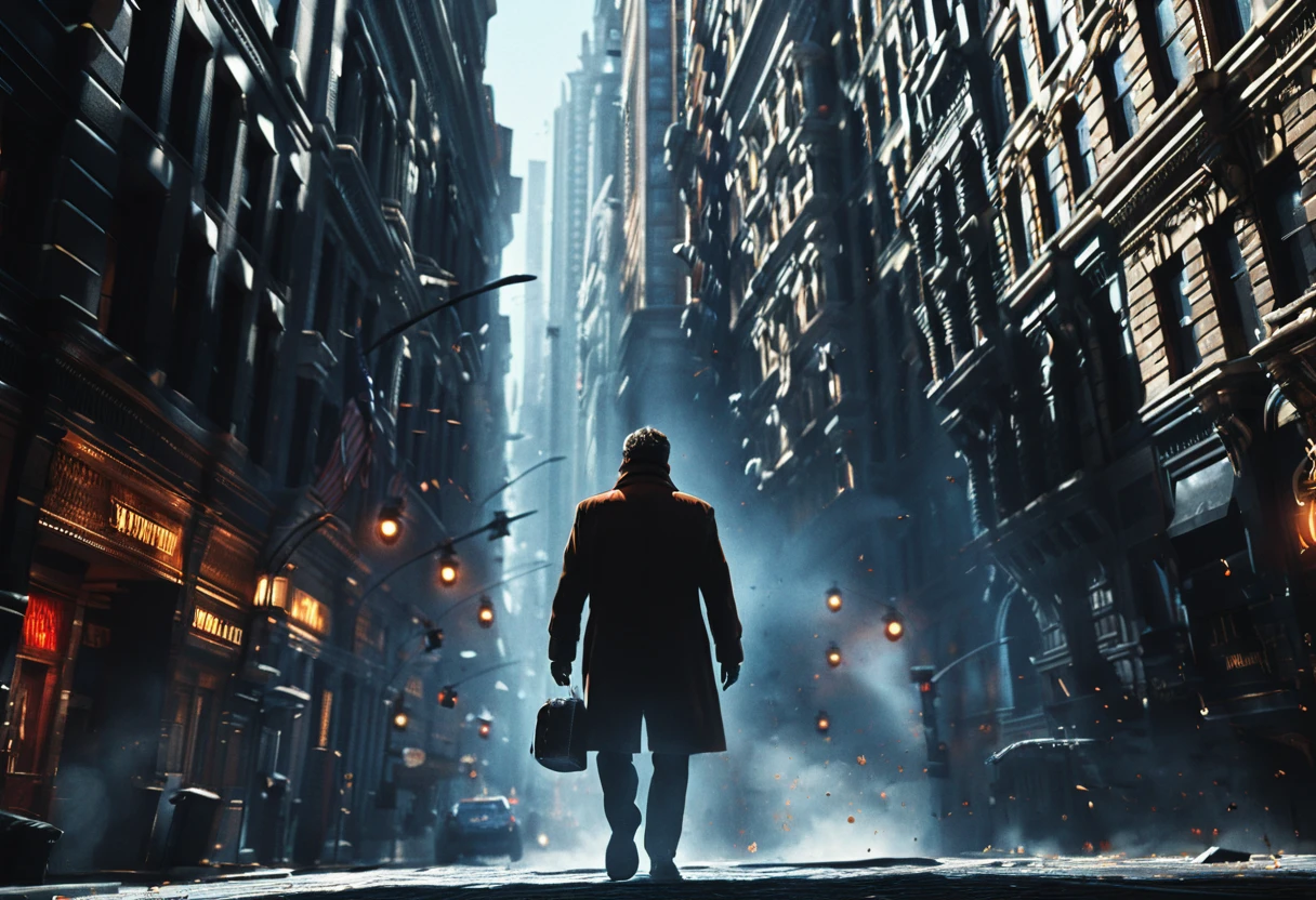 midjourneylora, 1man, solo, city,Cinematic Lighting, Dramatic lighting, high contrast, detailed shadows, high-resolution