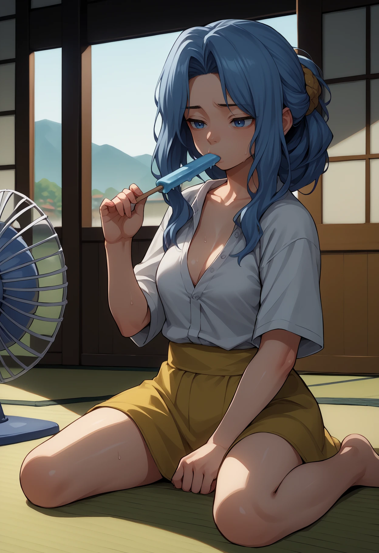 score_9, score_8_up,score_7_up, source_anime, 1girl, solo, <lora:Snq_pdxl_EliPot:1>, SQNA, long hair, blue hair, blue eyes, mature female,
 white shirt, shirt only, buttoned shirt, collarbone, oversized clothes, oversized shirt, sweating, sweat, tired, sitting, wariza, legs apart, kneeling, eating, popsicle, electric fan, wind, indoors, eastern architecture, tatami,