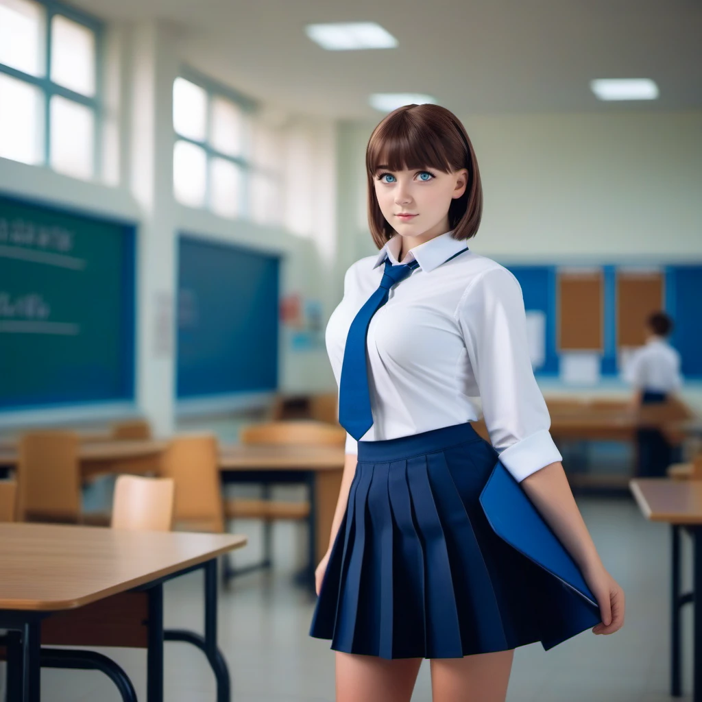 cinematic photo  full body portrait of 1girl, large breast, short brown hair, blue eyes, school uniform, skirt, in a school<lora:Tawawa1024:0.7> . 35mm photograph, film, bokeh, professional, 4k, highly detailed