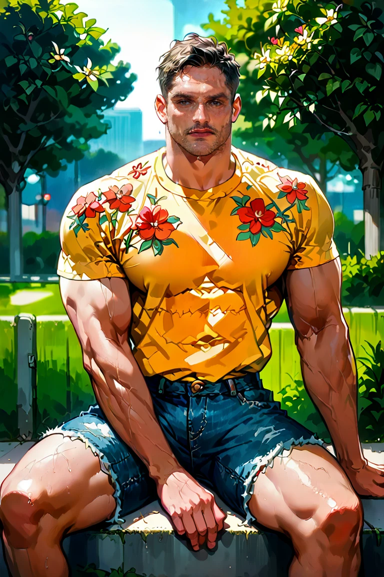 score_9, score_8, score_7, Florent_Mana, male, muscular male,1boy, sitting at central park, floral shirt, denim shorts<lora:EMS-434384-EMS:0.850000>