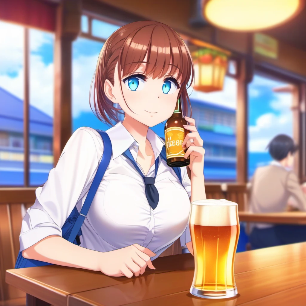 anime artwork  full body portrait of 1girl, large breast, short brown hair, blue eyes, school uniform, skirt, having a beer in a pub<lora:Tawawa1024:0.7> . anime style, key visual, vibrant, studio anime,  highly detailed