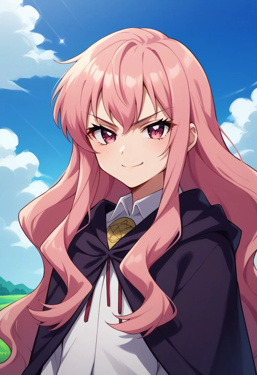 score_8_up, score_7_up, source_anime, highly detailed, 
louisezero, 1girl, solo, long hair, pentacle, cape, pink hair, pink eyes, upper body, bolo tie, shirt, white shirt, hold, wand, magic wand, smirk,
outdoor, sky,