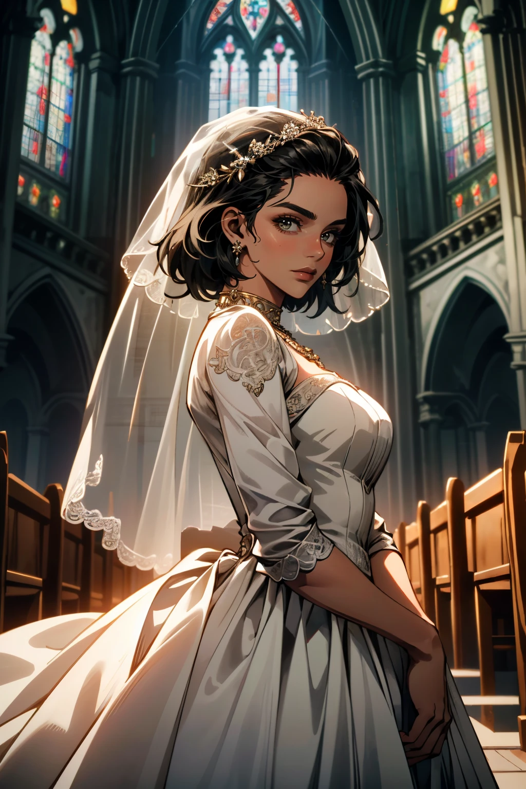 ((ultra detailed, masterpiece, absurdres))
 <lora:FC6Dany:0.8>
FC6Dany, 1girl, short hair, dark skin, looking at viewer, wearing a wedding dress, bridal veil, inside a church