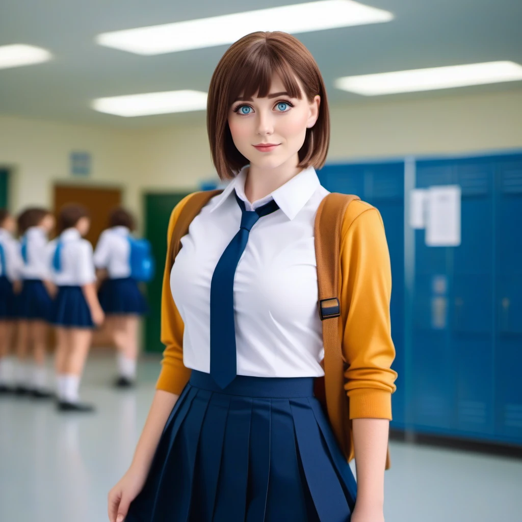 cinematic photo  full body portrait of a woman, large breast, short brown hair, blue eyes, school uniform, skirt, in a school<lora:Tawawa1024:0.7> . 35mm photograph, film, bokeh, professional, 4k, highly detailed