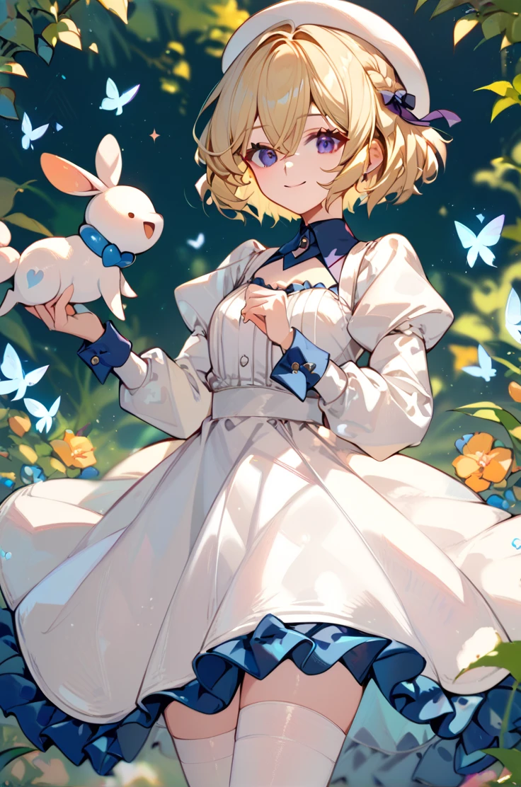 score_9, score_8_up, score_7_up, source_anime, 
indoor, blurry background,
cowboy shot, light smile,
holding creature, 
<lora:iwanaga_autismConfetti_v01:0.9>
blonde hair, short hair, hair between eyes, purple eyes, white beret,
white dress, puffy sleeves, frills, long sleeves, white thighhighs, blue collar, sleeve cuffs,, zPDXL