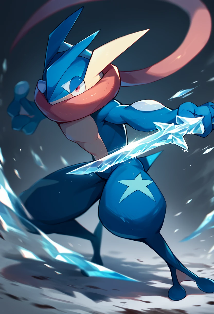 score_9, score_8_up, score_7_up, score_6_up, source_furry, solo, dof,  full-length portrait, blurred background, dof, cinematic, <lora:POKEMON_GRENINJA:1> greninja, pokemon (creature), action pose, attacking, motion blur, holding a sword made of ice, slashing sword