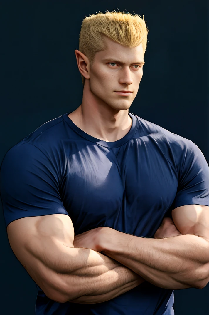 absurdres, <lora:ZeruYYH:0.8>, zeru, portrait, (upper body:1.1), muscular male, simple background, facing viewer, dark blue shirt