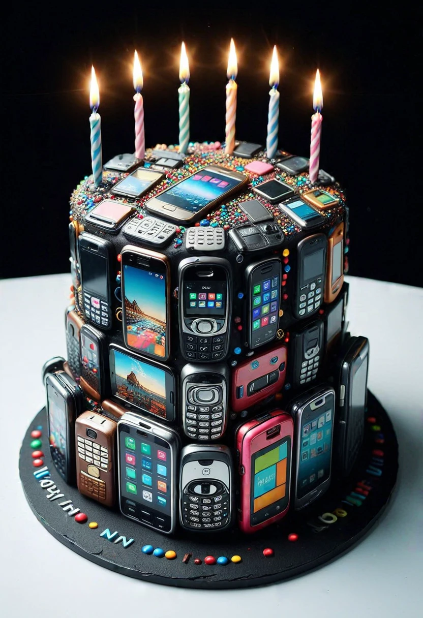 C3LLPH0N3S, a cake made of cell phones,  set at a birthday party ,Masterpiece,best quality, raw photo, realistic, very aesthetic