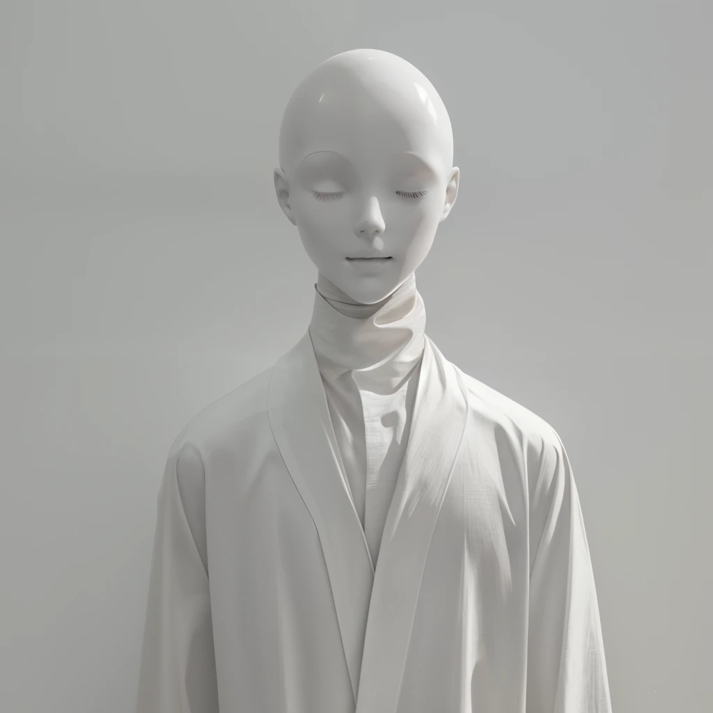 A white mannequin is standing in front of a plain white wall. It is a black and white photo. The mannequins head is completely bald. The head is facing to the right. It has a slight smile on it's face. It's eyes are closed and it's lips are slightly parted. There is