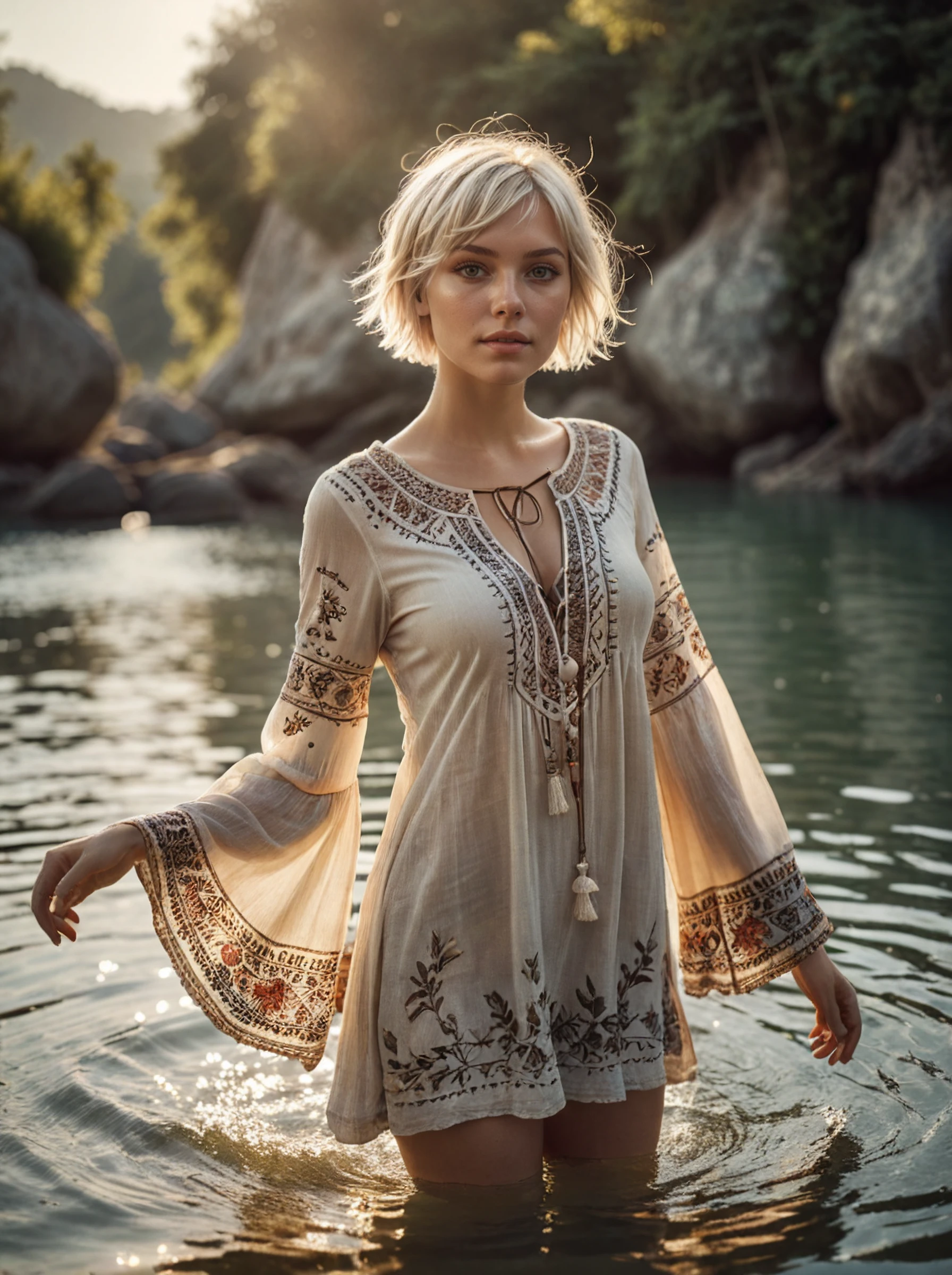 a beautiful cute woman superhero length blonde hair,Pixie cut,Platinum,dressed in a bohemian tunic with bell sleeves and embroidered details,Swimming,High exposure,style by Cornelis Springer,extremely beautiful professional trending on artstation hyperdetailed,Ilford FP4 125,Warm lighting