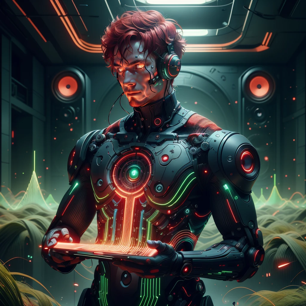 <lora:NaviSoundwaveTech:0.8> soundwavetech ,scifi, digital music,glowing frequencies,
1boy,man , holding,upper body, red hair, grassy fields , short hair, turtleneck suite , coat , holding a tablet , indoors, red eyes,