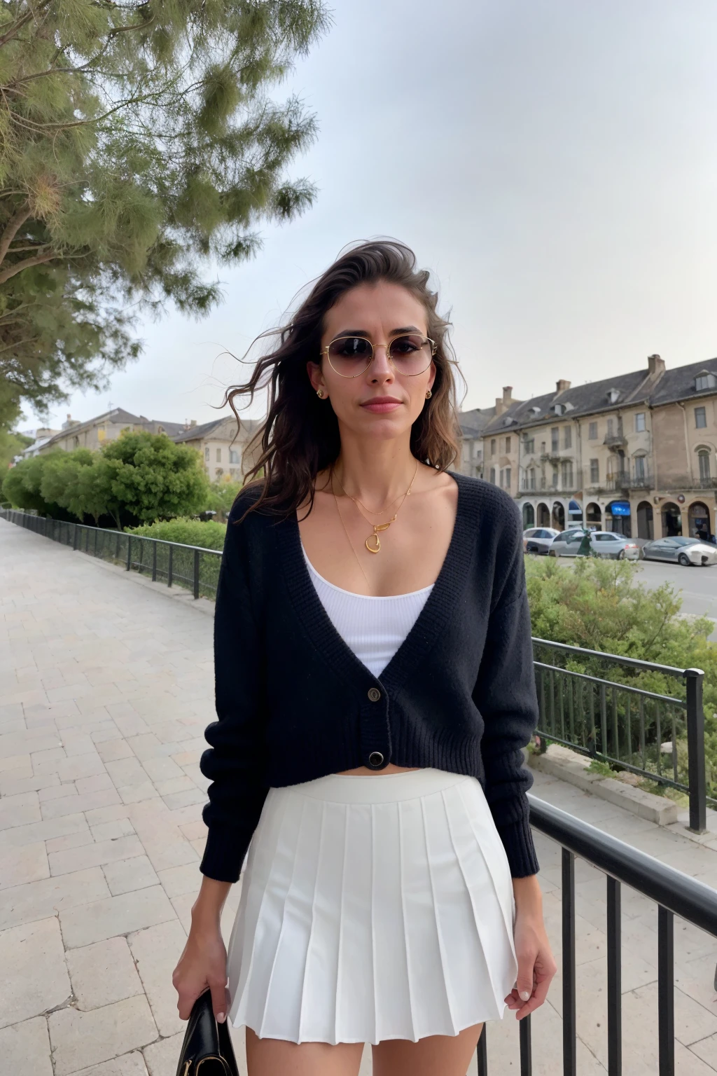 photo of a 56-year-old with moonlit-hair, gentle-eyes, weathered hands in white cropped cardigan, white pleated skirt, black shoulder bag, dark sunglasses, white bralette, gold necklace, centered subject, medium shot, straight angle, half-turned, looking back, one arm bent, blurry cityscape, glass balustrade, indoor setting