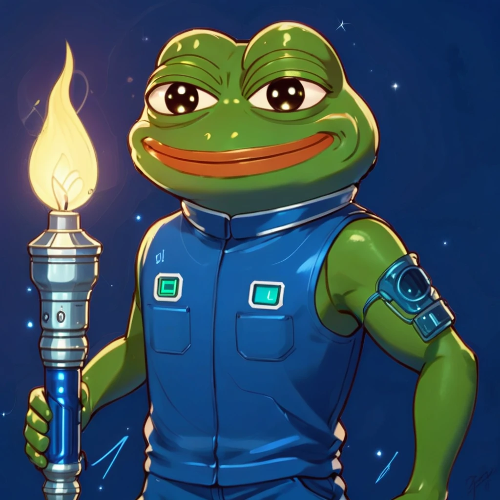 candle, furry, smile, signature, blue shirt, lamp, weapon, sleeveless, pectorals, simple background, pepefrog, spacesuit, blue background, multiple boys