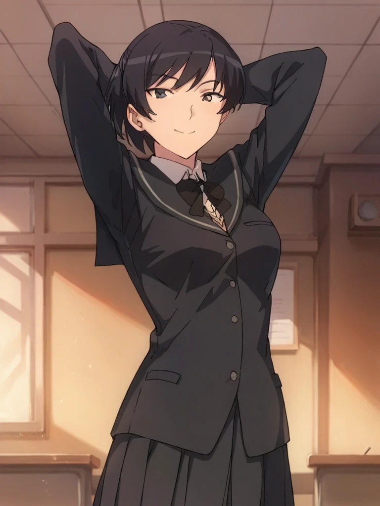 score_9, score_8_up, score_7_up, 
1girl, tsukahara hibiki, black hair, ponytail, black eyes,
medium breasts,
standing, looking at viewer, smile, arms behind head,

school uniform, black bowtie, blazer, black sailor collar,

solo, indoors, classroom,