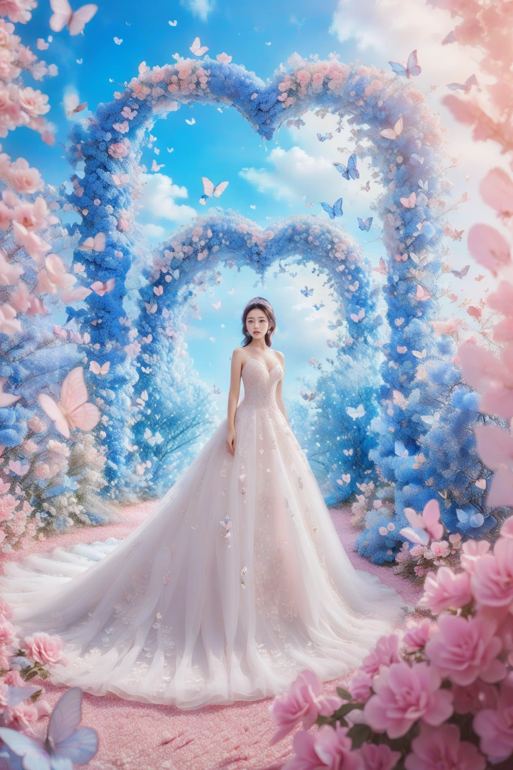 in a white wedding dress stands under a pink heart-shaped arch,surrounded by flying butterflies and flowers,with a blue sky and clouds,against a pink dreamy background,in a full body shot,in the style of fantasy,with super realistic photography and high definition details in bright light, <lora:JAY - FLOWER GATE LOVER:0.8>, (best quality:1.3)