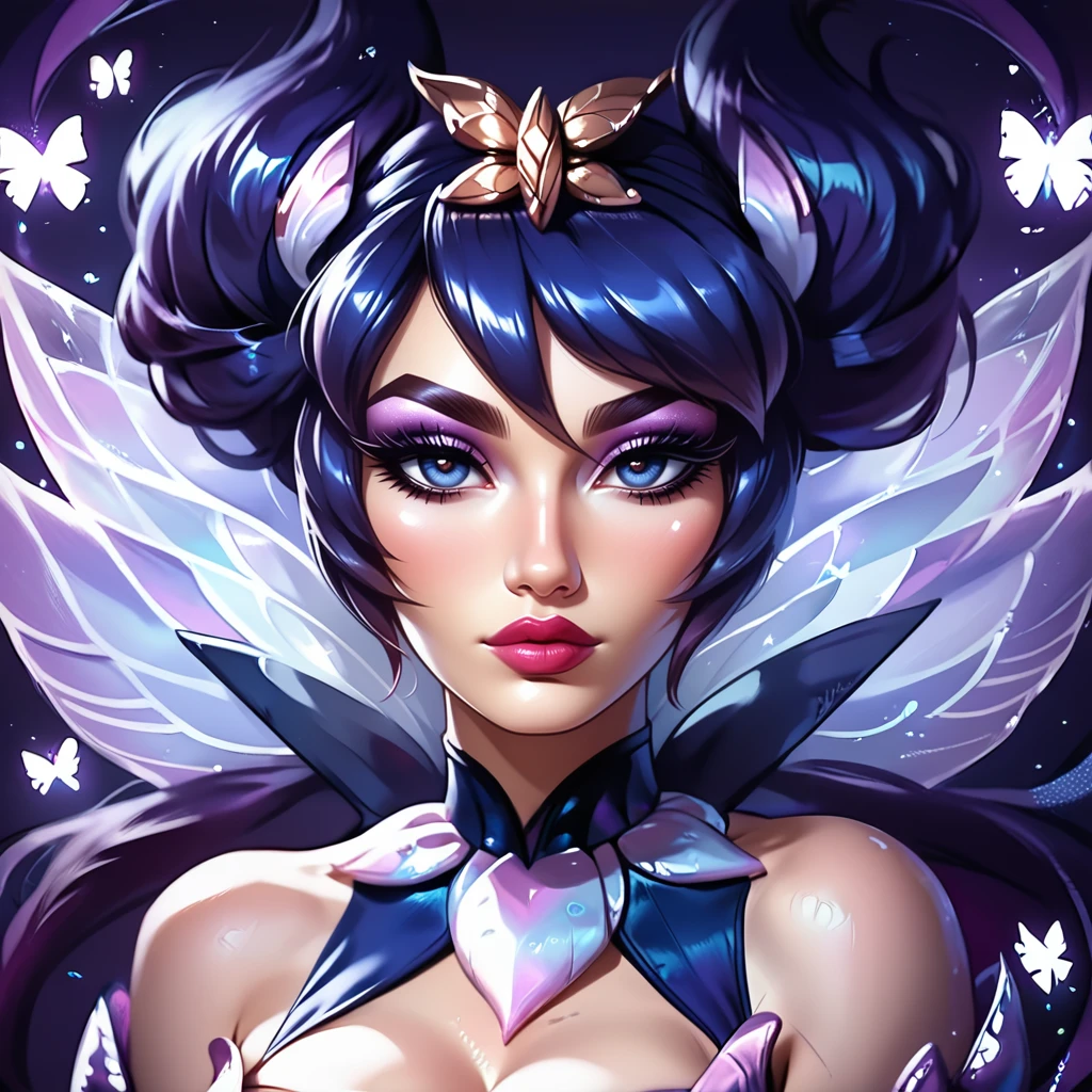 score_9,score_8_up,score_7_up,score_6_up,score_5_up,score_4_up  , portrait of a glamorous mysticlux, sultry, cleavage, starry dark moonlit background, with shiny neon butterflies, up close, dark shadows, realistic, long eyelashes <lora:Mystic_Lux_Pony:1>