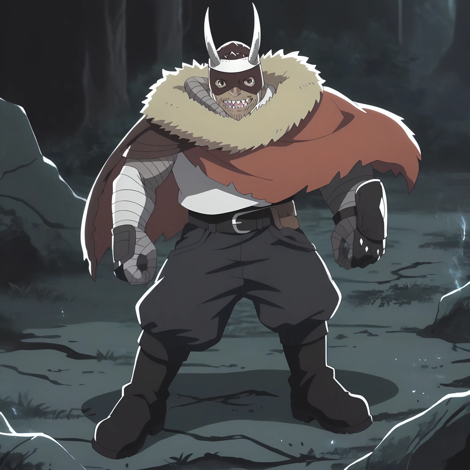 <lora:IBtSWTFF_AshuraXLpony001>,
solo,
Ashura,1boy,mask,horned headwear,headband,brown eyes,sharp teeth,
fur-trimmed cape,
white shirt,
bandages arms,gauntlets,
black belt,black pants,
boots,