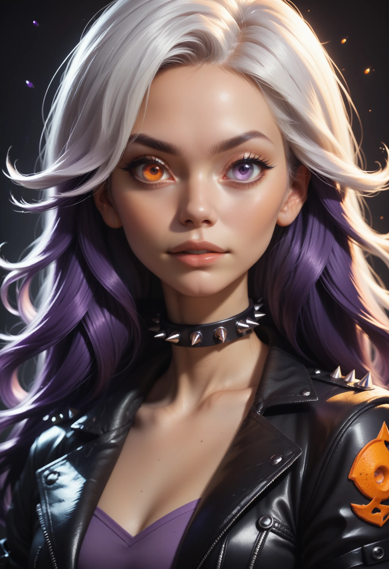 score_9, score_8_up, score_7_up,
1girl, solo, white hair, long hair, leather jacket, spiked choker,
<lora:Dark_Heterochromia_Pony_v0.3:0.5> heterochromia, purple eyes, left eye purple, orange eyes, right eye orange,