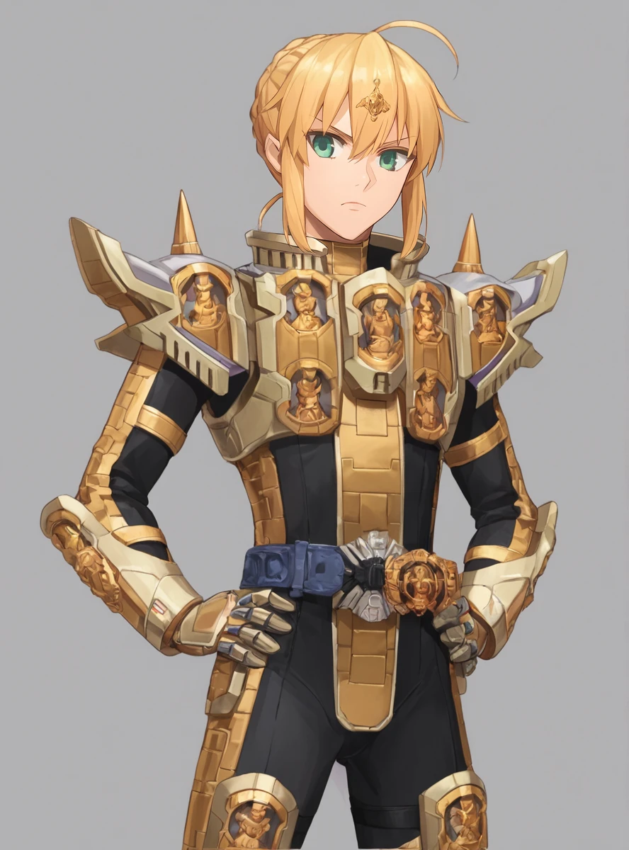 score_9, score_8_up, score_7_up, score_6_up, source_anime, anime screencap, uncensored artoria pendragon \(fate\),  serious, hands on hips, green eyes,   helmetless 1girl <lora:GrandZioSuit:0.7>armor, solo, , gold armor, grandziosuit, belt, rider belt, bodysuit ,  hands on hips, upper body,