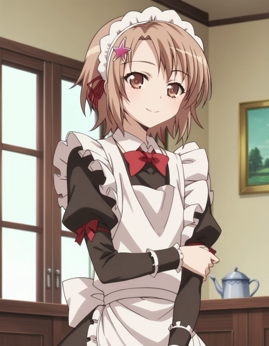 score_9, score_8_up, score_7_up, source_anime, <lora:yukimura-kusunoki-s2-ponyxl-lora-nochekaiser:1>, yukimura kusunoki, short hair, brown hair, hair ornament, ribbon, brown eyes, hair ribbon, star (symbol), star hair ornament,, bow, pantyhose, apron, maid, maid headdress, white pantyhose,, indoors, smile, looking at viewer, solo,, cowboy shot, dutch angle