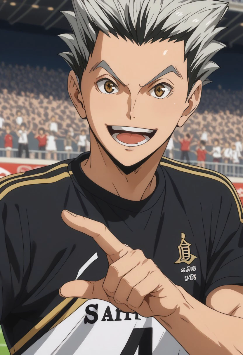 score_9, score_8_up, score_7_up, source_anime, rating_safe, Bokaikyu, 1boy, male focus, anime screencap, open mouth, wide smile, teeth, white-black Fukurodani shirt, upper body, hands with five fingers, stadium, blurry crowd,