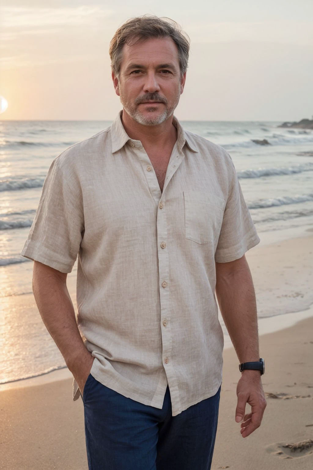 Middle-aged man, beachside locale, linen shirt, (groomed:0.5), sunset silhouette, rolled-up sleeves, sand underfoot, casual sophistication, tousled hair, wristwatch accent, (laid-back charisma:0.7), perfect lighting, perfect shading, insanely detailed, Beyond Compare Detail, Unmatched Crispness, sharp focus on subject, Meticulous Textures