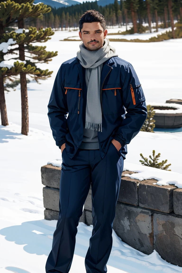 (masterpiece, best quality:1.2), photo of person, man, smirk, standing, thick legs, (depth of field:1.1), , photo of person, ((winter jacket, scarf, sweater, pants,)), hands on hips, cowboy shot, standing, winter, mountain, pinetrees, snowflakes, masterpiece, highness, perfect face, perfect picture, detailed eyes, sharp focus, ,High detailed view<lora:EMS-386404-EMS:1.000000>