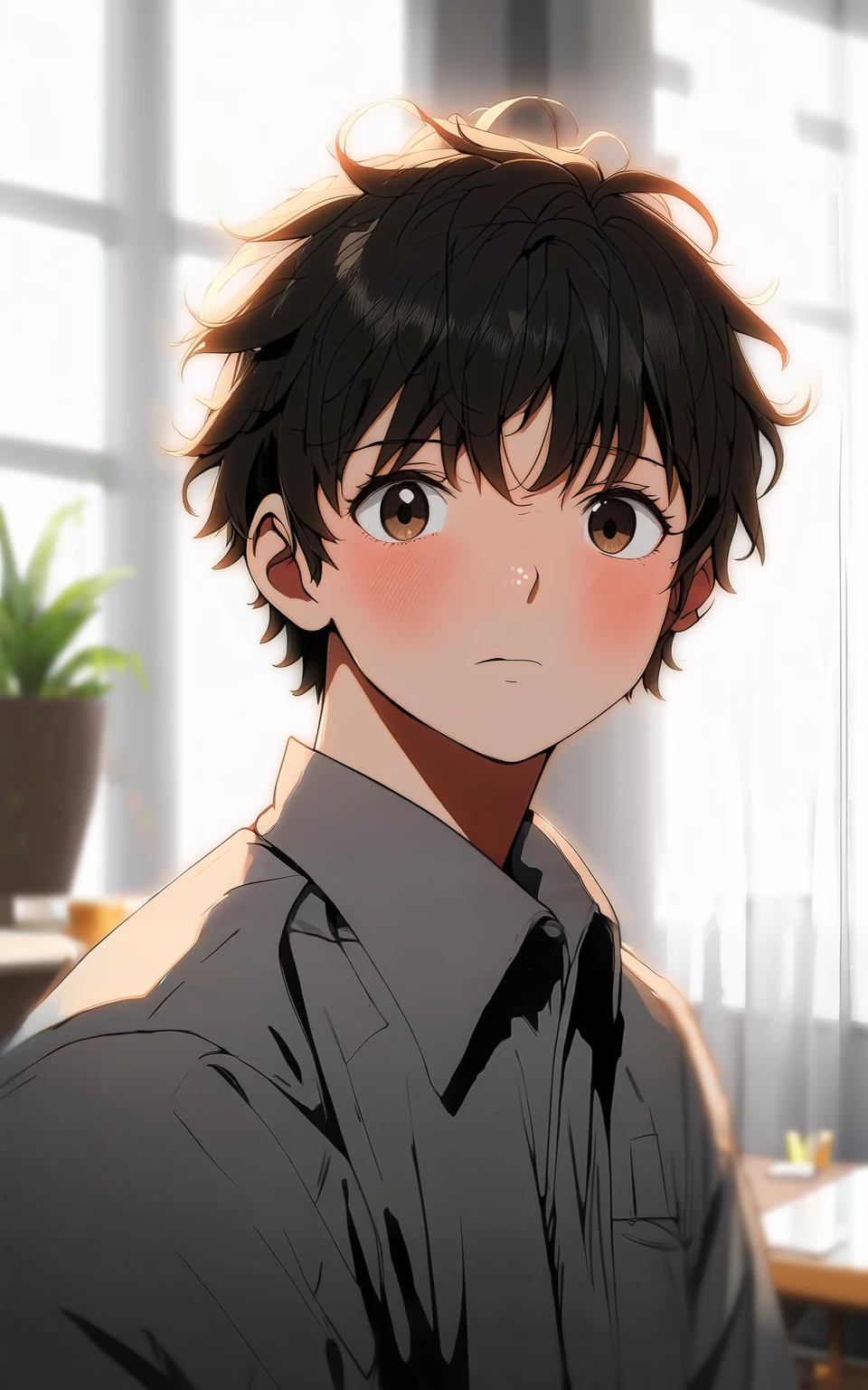 anime style, looking at viewer,short hair,bangs,brown hair,shirt,black hair,1boy,brown eyes,male focus,parted lips,indoors,mole,lips,mole under eye,window,depth of field,blurry background,curtains,messy hair,grey shirt,blurry foreground