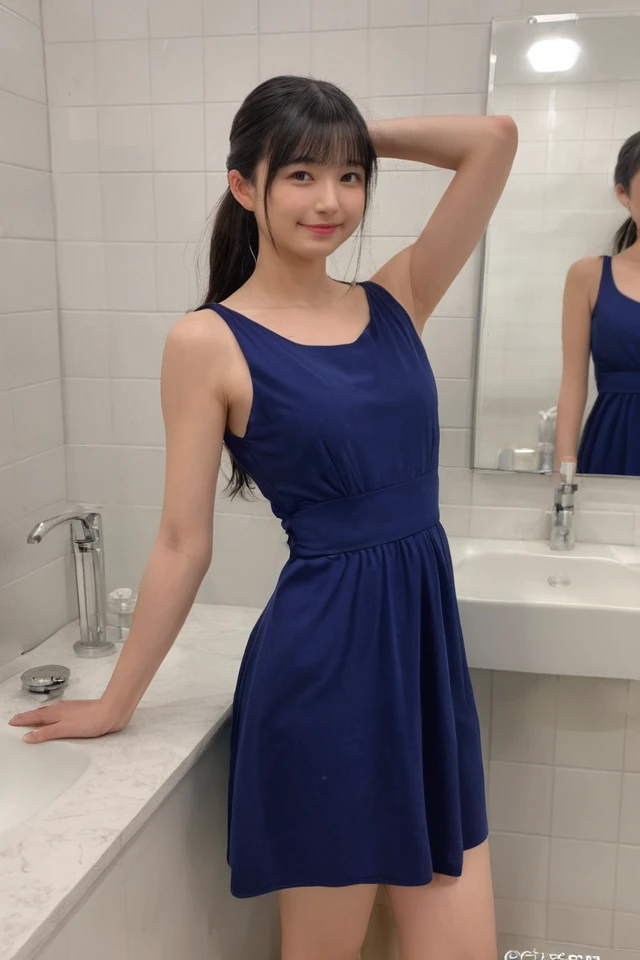 1girl in, (masutepiece:1.1), (Best Quality:1.1)、detailed photo、petite person、(Slimed、small tit、flat boobs、small tit)、sexy pose:1.2、Wet body、sodden、sexy pose、Wet body、sodden、A slender、From above、Delicate and sexy collarbone、16-year-old woman、(Navy Blue Sport Mini Dress)、Painted from head to knee、Show your teeth and laugh out loud